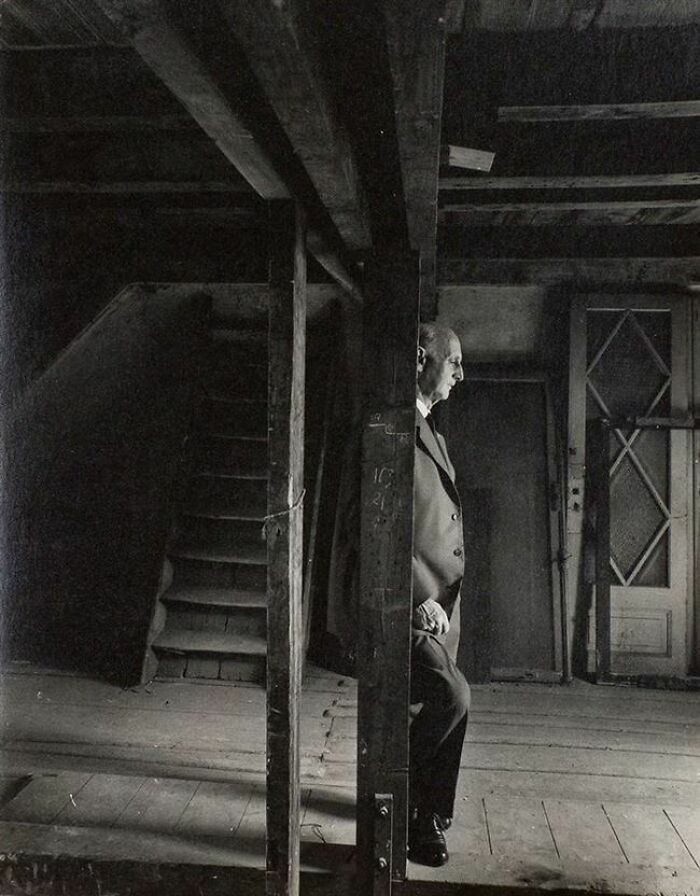 Anne Frank’s Father Otto, Revisiting The Attic Where They Hid From The Nazis. He Was The Only Surviving Family Member (1960). 
Later the photographer Arnold Newman recalled taking of this photo: “The mood was depressing, and I immediately began photographing him. After a few moments, the Westertoren bells next door began to ring, and Frank turned to me and said: ‘Those were the bells that Anne wrote about.’ He suddenly broke down completely, weeping uncontrollably, and then so did I. We never met again. To this day when I lecture or tell this story to people, I find I choke up; I still can’t help myself.”