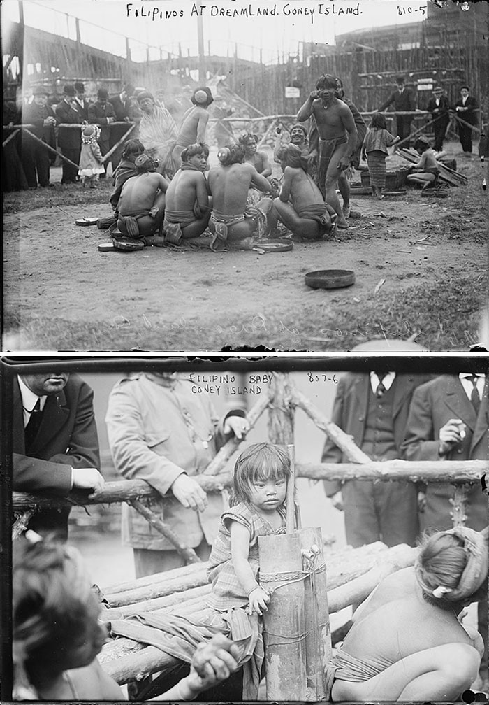 Human Zoos Existed. These Photos Taken In 1904, Where Us Government Imported 1,300 Indigenous Filipinos From Different Tribes To Display At The St. Louis Exposition In 1904. Filipino Zoo Girl was displayed at the Coney Island Zoo in 1904. She was a zoo attraction among the monkeys and lizards to show off the new US possessions in the Philippines. She was bound by ropes. Visitors threw her peanuts.