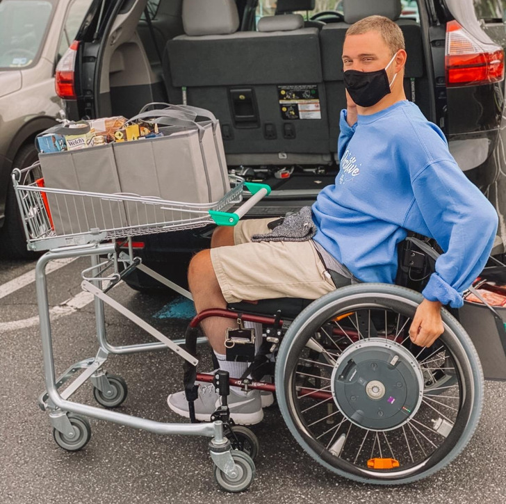 “A grocery cart that attaches to wheelchairs to provide greater independence while shopping”