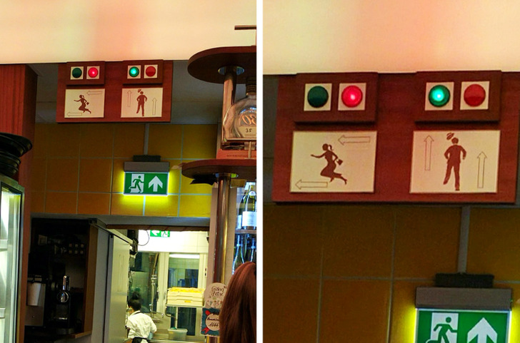 “This café has lights above the toilet signs so you can see if they are occupied without getting up.”