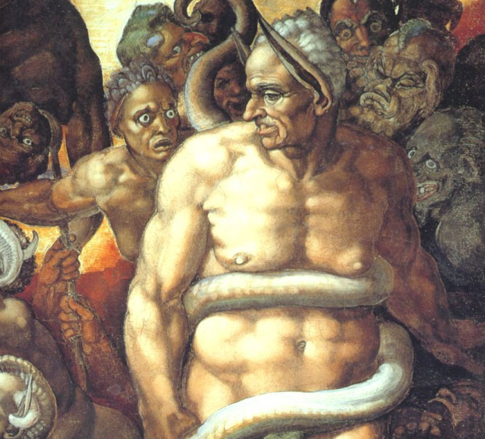 during a preview of the Sistine Chapel paintings, one of the Pope's men criticized all the "disgraceful" nudity. So Michaelangelo painted the critic's likeness into the Last Judgement, wearing nothing but a snake that's biting his d**k.