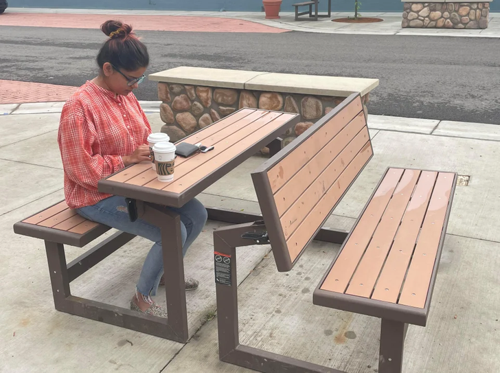 “This park bench can fold out into a table. All park bench designers can stop what they’re doing, we’ve reached elite-park-bench-status.”