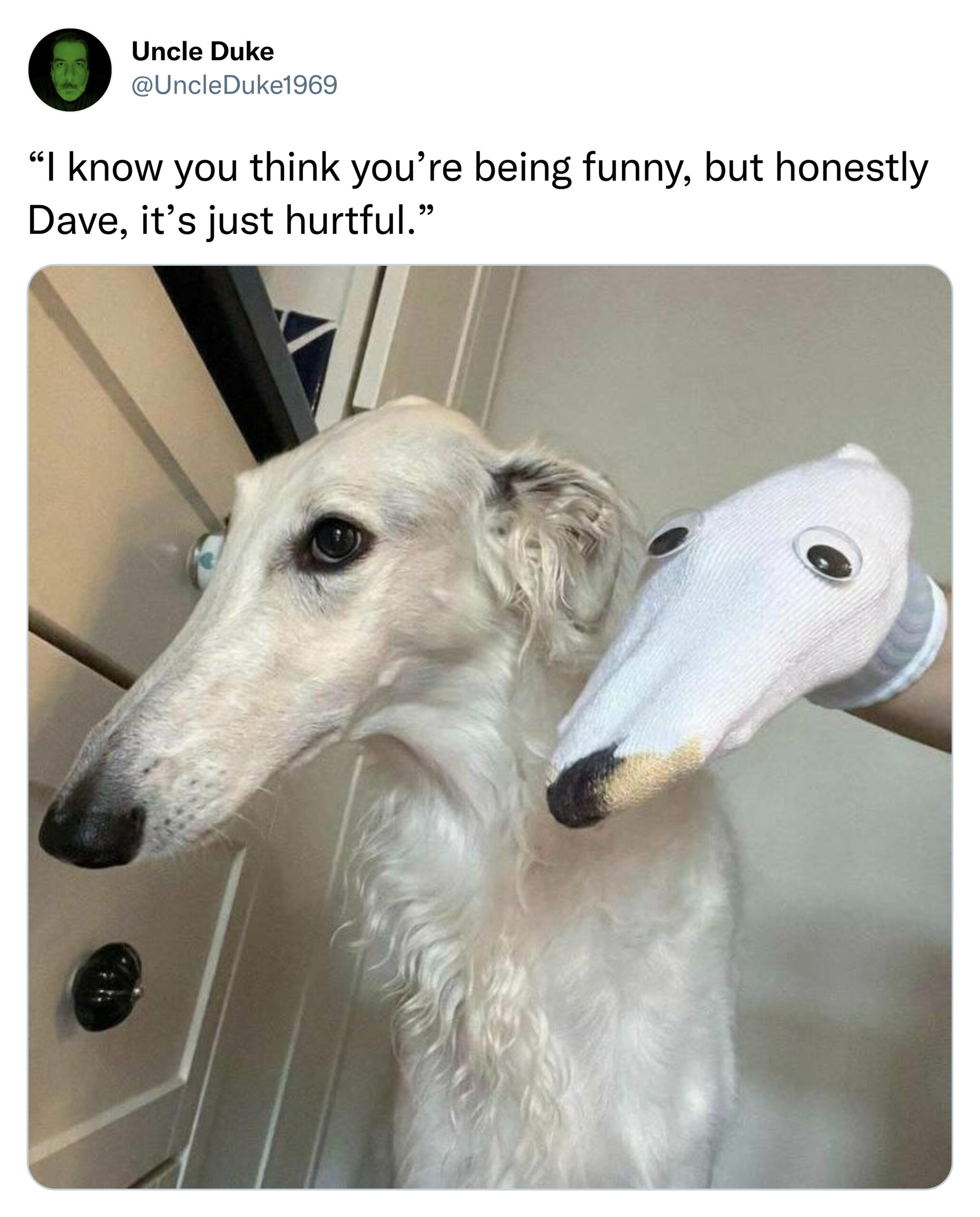 funniest tweets of the week - borzoi - Uncle Duke "I know you think you're being funny, but honestly Dave, it's just hurtful."