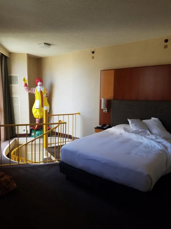 “My hotel room had a Ronald McDonald statue in it (Hyatt Regency Chicago).”