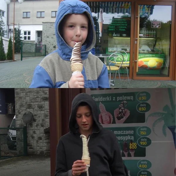 “Me at the same ice cream shop in Poland ten years apart.”