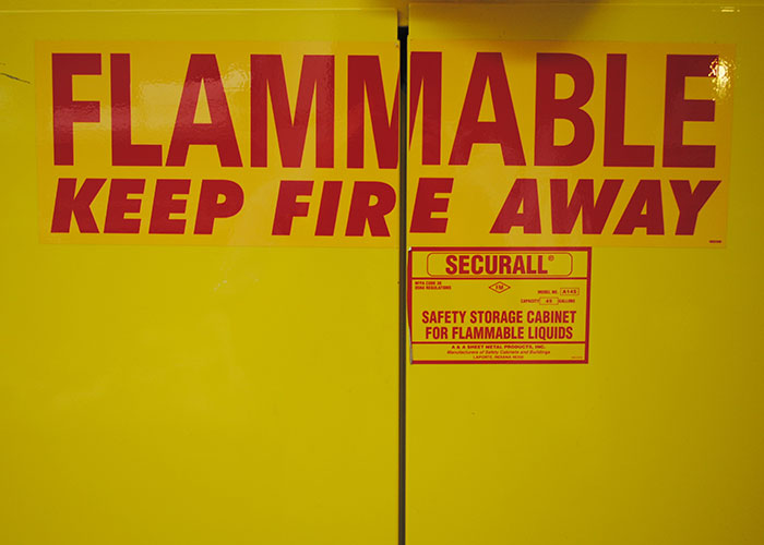 poster - Flammable Keep Fire Away Securall Safety Storage Cabinet For Flammable Liquids As A Sheet Metal Prin