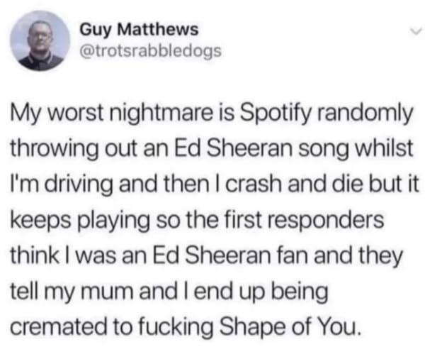 oddly specific posts - all i do is win - Guy Matthews My worst nightmare is Spotify randomly throwing out an Ed Sheeran song whilst I'm driving and then I crash and die but it keeps playing so the first responders think I was an Ed Sheeran fan and they te