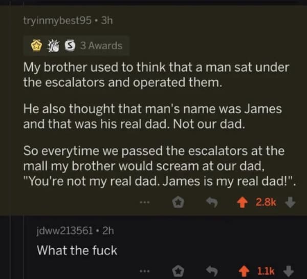 oddly specific posts - screenshot - tryinmybest95 3h S 3 Awards My brother used to think that a man sat under the escalators and operated them. He also thought that man's name was James and that was his real dad. Not our dad. So everytime we passed the es