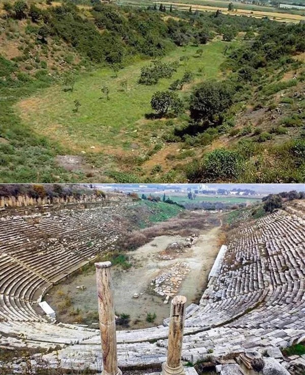 Before and after of the excavation of the Ancient Greek Stadium