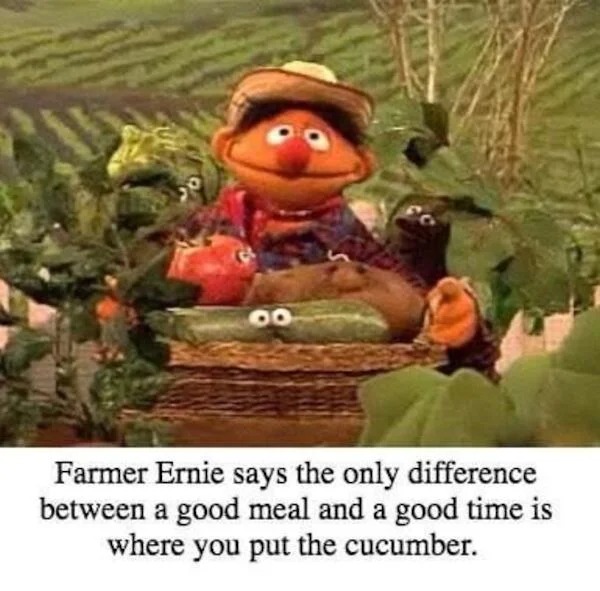 thirsty thursday memes - farmer ernie - 00 Farmer Ernie says the only difference between a good meal and a good time is where you put the cucumber.