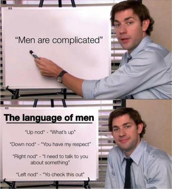 funny pics - office quotes - "Men are complicated" The language of men Up nod "What's up" Down nod "You have my respect" Right nod "I need to talk to you about something" Left nod "Yo check this out"
