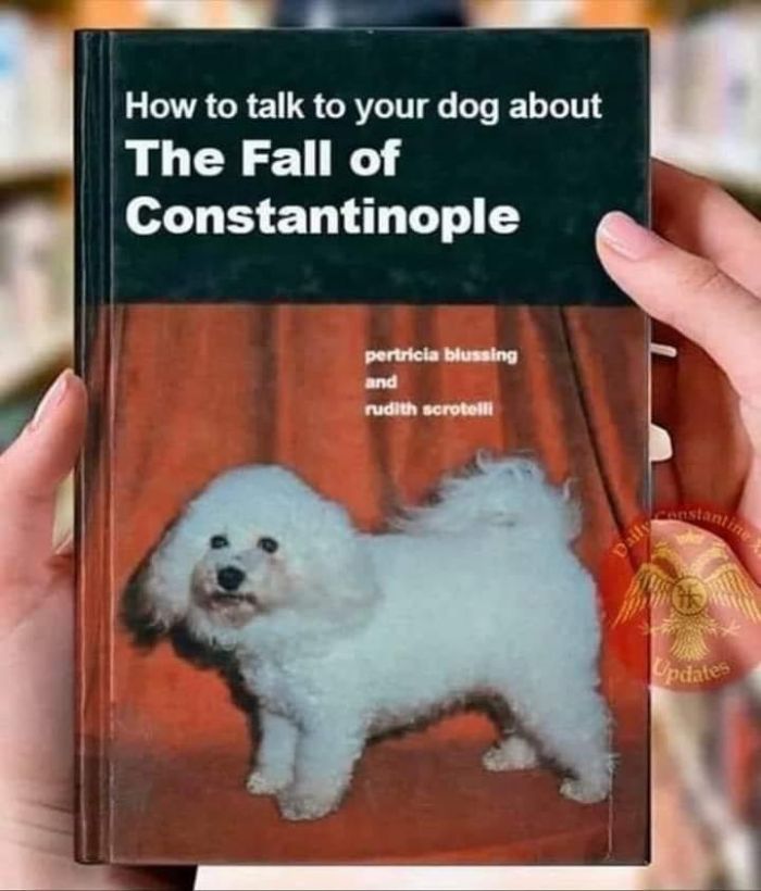 wtf wednesday - dog book meme - How to talk to your dog about The Fall of Constantinople pertricia blussing and rudith scrotelli Constantine Daily Updates
