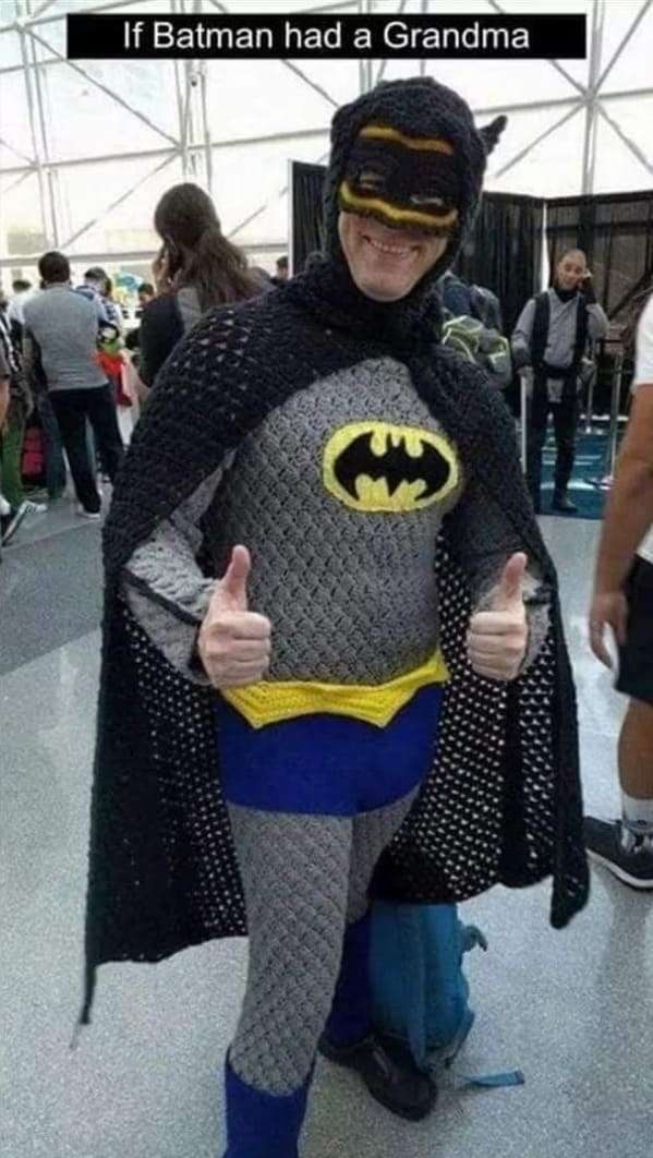 good and bad designs - crochet batman costume - If Batman had a Grandma