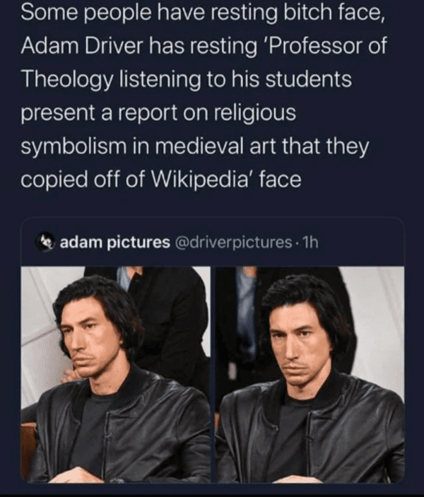 savage insults - conversation - Some people have resting bitch face, Adam Driver has resting 'Professor of Theology listening to his students present a report on religious symbolism in medieval art that they copied off of Wikipedia' face adam pictures 1h