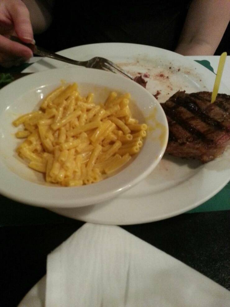 "Ordered steak and Mac and cheese at a riverside restaurant for $30. They brought out Kraft Mac and cheese."