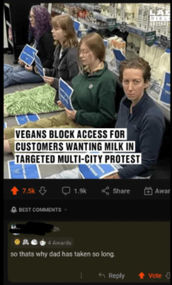 Comments that roast - photo caption - Vegans Block Access For Customers Wanting Milk In Targeted MultiCity Protest