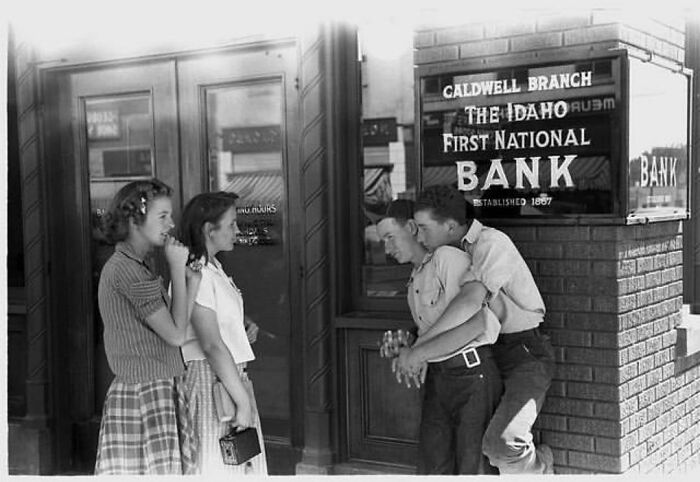 A Gay Couple And A Lesbian Couple Outside The Bank, Idaho, United States, 1941. Photo By Russell Lee