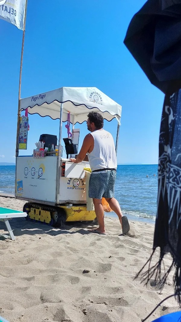 “This vendor at the beach uses tank tracks at his stall.”