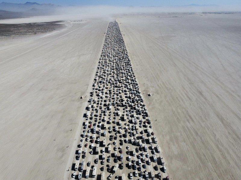 The Burning Man Exodus. Black Rock City Nevada, 15 Lane Of Traffic, 10 Hours Long Traffic Jam