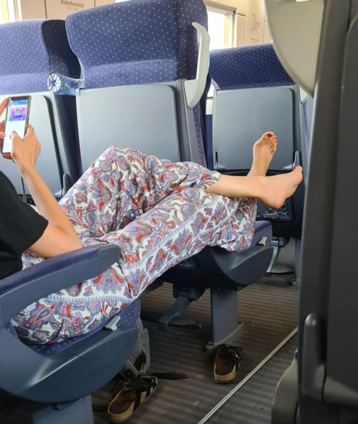 “Barefoot on an armrest. Also constantly loud talking and laughing in the quiet zone.”