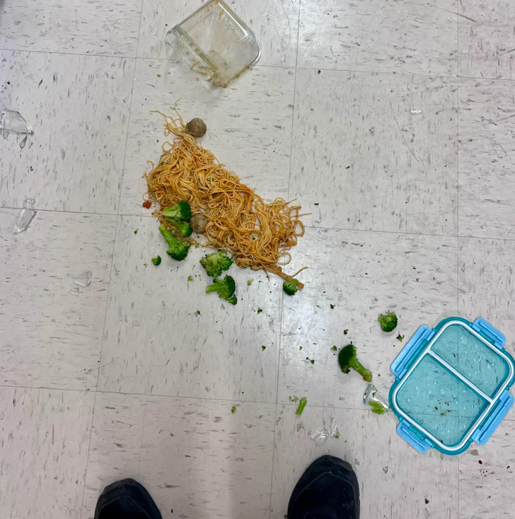 “Here’s my dinner for work at 2 a.m. (night shift). I was hungry, but I guess the floor was hungrier. 5-second rule?”