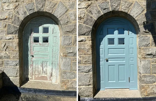 “I took this gorgeous old 1880’s door off the the hinges, scraped, sanded, oil primed, and painted her back to her original glory.”