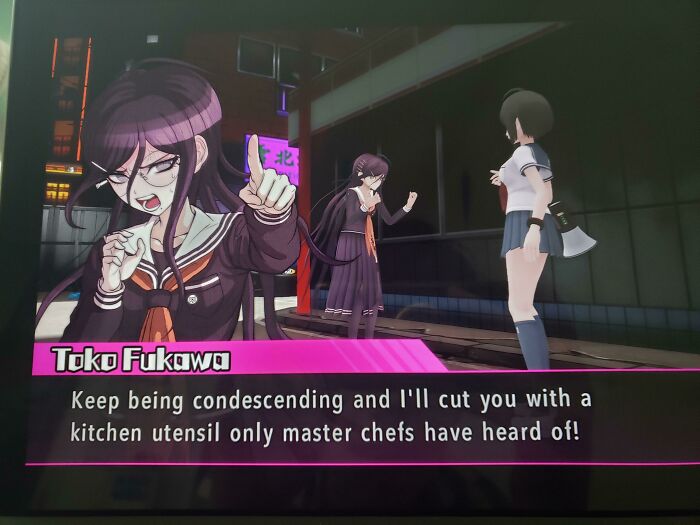 Strange threats - games - Toko Fukawa Keep being condescending and I'll cut you with a kitchen utensil only master chefs have heard of!