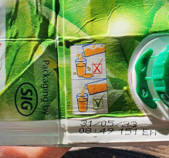 “This juice package explains the life hack to smoothly pour your drink.”