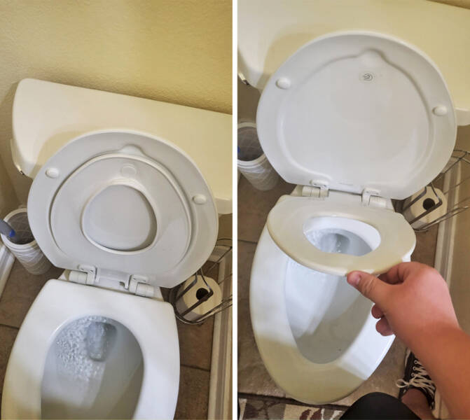 "This toilet seat has an attachment for toddlers to sit on."