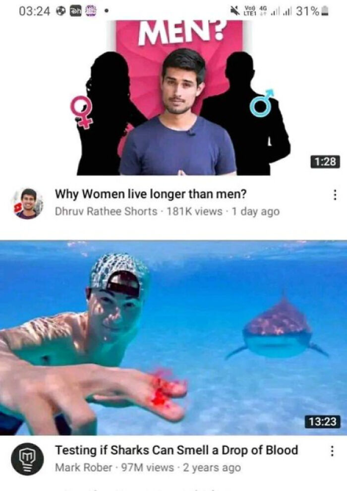 accidental comedy - women live longer meme - n Ell $130 Vin Men? 0 46 ... 31% Lte 1 Why Women live longer than men? Dhruv Rathee Shorts views 1 day ago Testing if Sharks Can Smell a Drop of Blood Mark Rober97M views 2 years ago