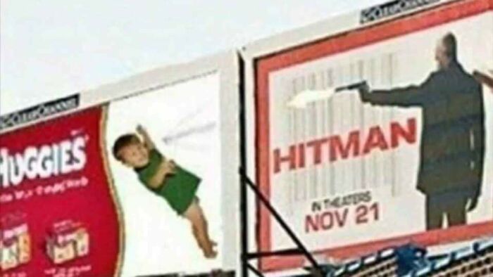 accidental comedy - bad ad placement - Huggies Hitman In Theaters Nov 21