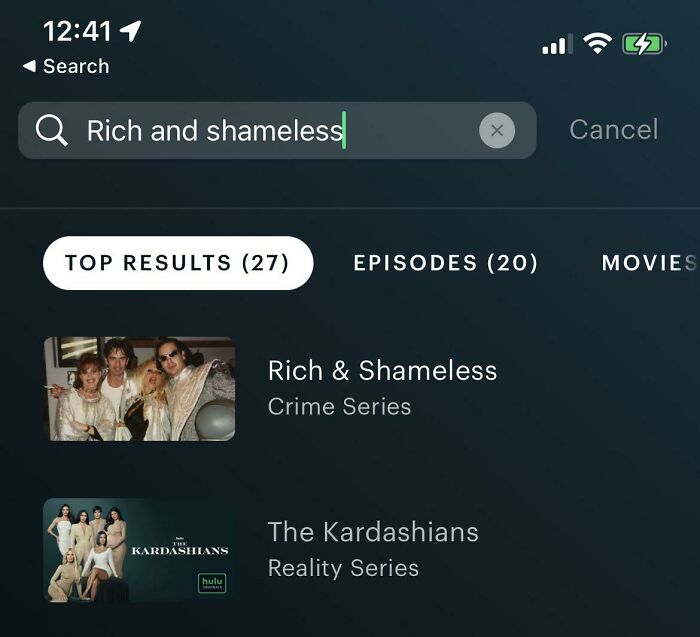 accidental comedy - screenshot - 1 Search Q Rich and shameless Top Results 27 The Kardashians hulu Hale X Episodes 20 Rich & Shameless Crime Series The Kardashians Reality Series Cancel Movies