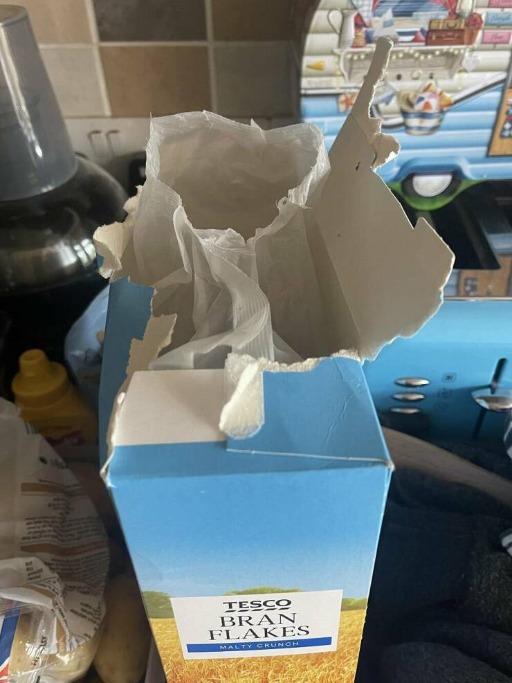 "I forgot to open the cereal before my wife got to the box and this is the result"