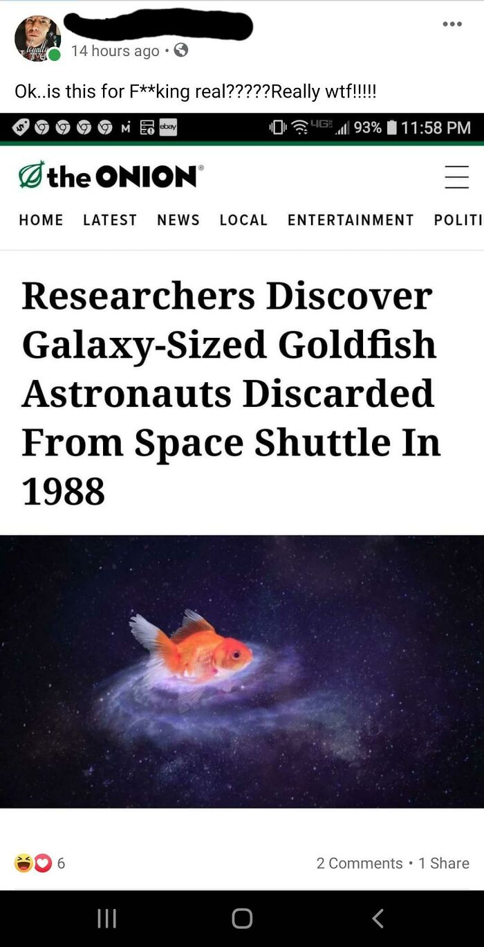 People who fell for fake news - Ok..is this for real?????Really wtf!!!!! the Onion  6 Home Latest News Local Entertainment Politi Researchers Discover GalaxySized Goldfish Astronauts Discarded From Space Shuttle