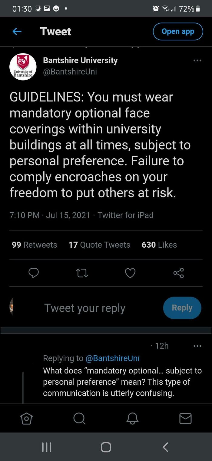 People who fell for fake news - screenshot - Tweet Bantshire University University of Bantshire O Guidelines You must wear mandatory optional face coverings within university buildings at all times, subject to personal preference. Failure to comply encroa