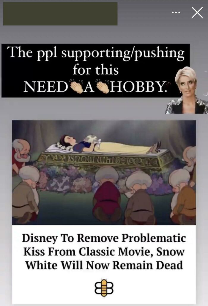 People who fell for fake news - photo caption - The ppl  for this Need A Hobby. Capisnow White Crea Disney To Remove Problematic Kiss From Classic Movie, Snow White Will Now Remain Dead x
