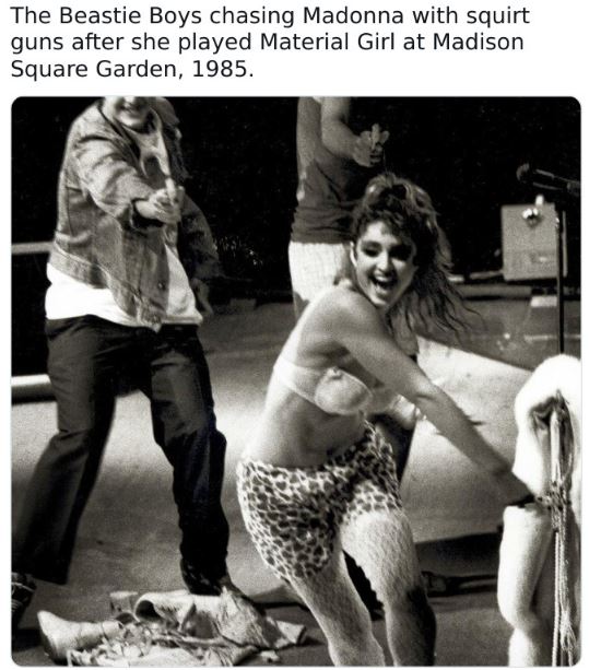 Fascinating historical pics - madonna beastie boys - The Beastie Boys chasing Madonna with squirt guns after she played Material Girl at Madison Square Garden, 1985.