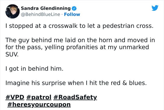 people who got owned by karma - angle - Sandra Glendinning BlueLine I stopped at a crosswalk to let a pedestrian cross. The guy behind me laid on the horn and moved in for the pass, yelling profanities at my unmarked Suv. I got in behind him. Imagine his 