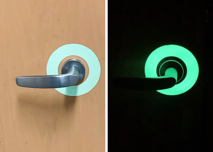 “These glow-in-the-dark door handle stickers in case the power goes out when you’re in the room”