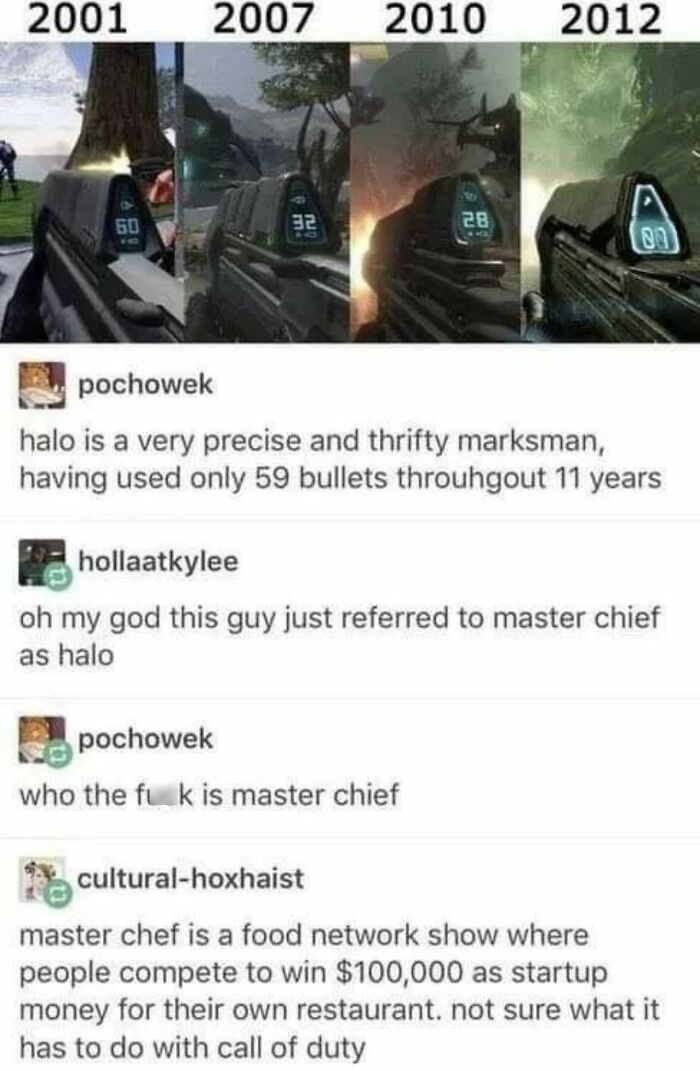 dumb people failing online - calling master chief halo - 2001 60 2007 32 2010 28 2012 pochowek who the fuck is master chief 80 pochowek halo is a very precise and thrifty marksman, having used only 59 bullets throuhgout 11 years hollaatkylee oh my god thi