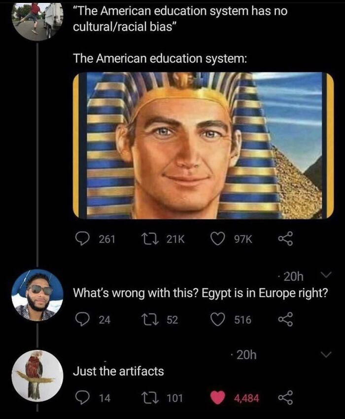 dumb people failing online - head - "The American education system has no culturalracial bias" The American education system 261 24 20h What's wrong with this? Egypt is in Europe right? 152 Just the artifacts 21K 101 516 20h 4,484