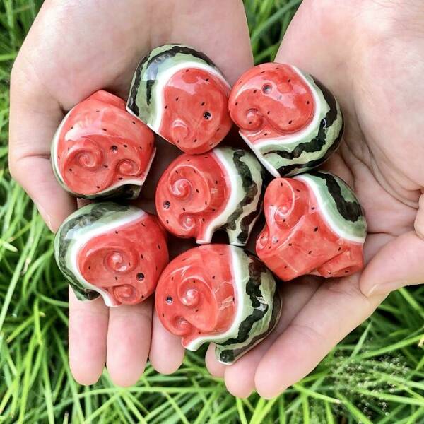 "A Handful Of Miniature Ceramic Watermelephants I Have Been Working On Recently"