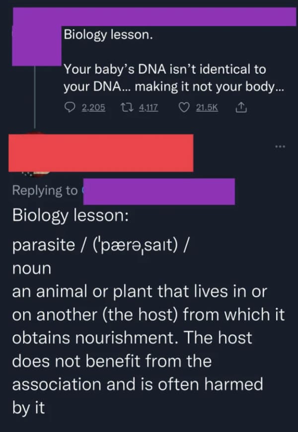 Clever comments - screenshot - Biology lesson. Your baby's Dna isn't identical to your Dna... making it not your body...
