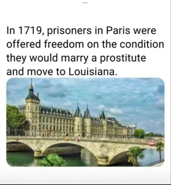 oddly specific memes - conciergerie - In 1719, prisoners in Paris were offered freedom on the condition they would marry a prostitute and move to Louisiana.