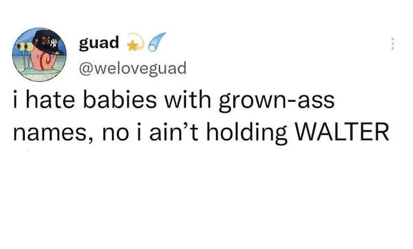 oddly specific memes - point - guad i hate babies with grownass names, no i ain't holding Walter