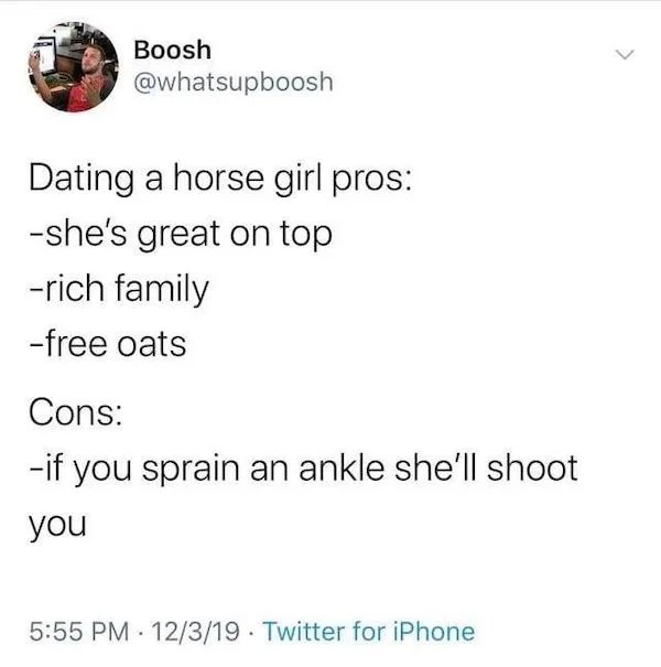 oddly specific memes - pros and cons of dating a horse girl - Boosh Dating a horse girl pros she's great on top rich family free oats Cons if you sprain an ankle she'll shoot you 12319 Twitter for iPhone