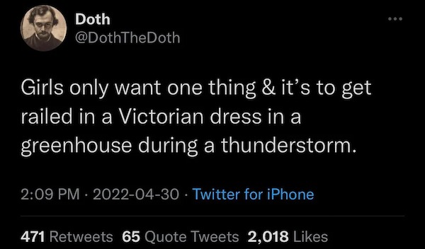 oddly specific memes - victorian dress railed greenhouse - Doth Girls only want one thing & it's to get railed in a Victorian dress in a greenhouse during a thunderstorm. Twitter for iPhone 471 65 Quote Tweets 2,018 ...