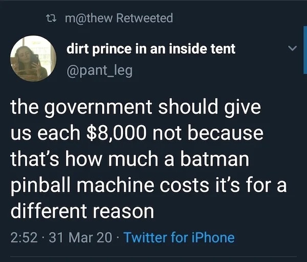 oddly specific memes - atmosphere - tm Retweeted dirt prince in an inside tent the government should give us each $8,000 not because that's how much a batman pinball machine costs it's for a different reason 31 Mar 20 Twitter for iPhone .