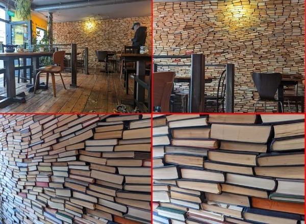 “This coffee shop in Bedford England has “wallpaper” made from real, full sized books.”