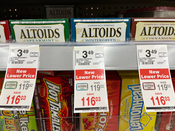 “These misprinted Altoids price reductions at Walgreens.”